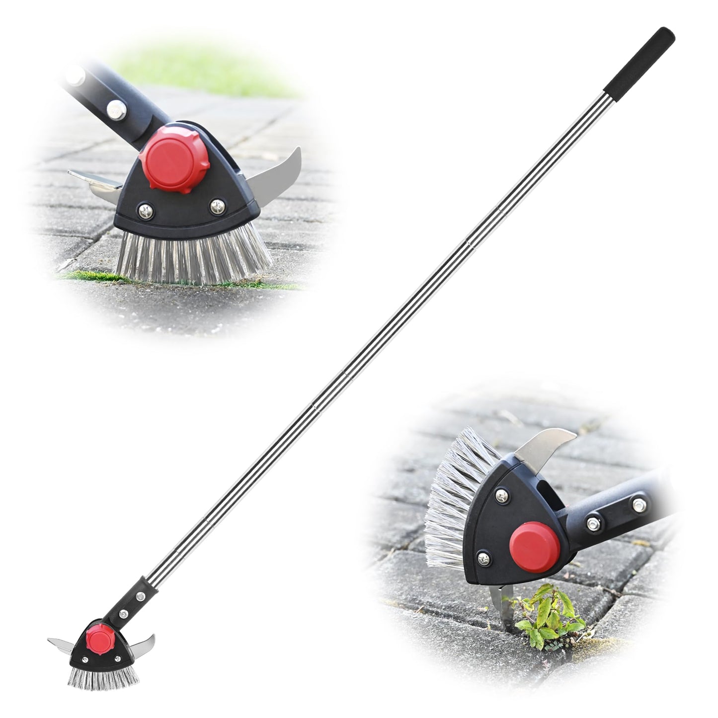 BARAYSTUS Crack Weeder Long Handle 3-in-1 Adjustable Crevice Cleaning Tool with Stainless Steel Weed Brush with 2 Scrapers Weed Puller Tool for Driveway, Patio Sidewalk to Remove Moss Weeds Dirt