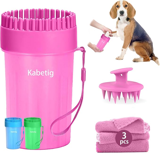 Dog Paw Cleaner Kit for Medium & Small Dogs - Quick Clean No Full Bath, 2-in-1 Paw Wash Cup with Detachable Silicone Brush Head, Includes Bath Brush & 3 Absorbent Towels, Pink