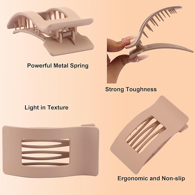 6 Pack Matte Brown Flat Hair Claw Clips for Women, Extra Strong Large Hair Clips, Secure Hold Styling Clips for Thick Hair