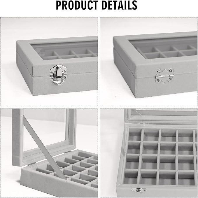 Velvet Jewelry Box 24 Grid Jewelry Ring Display Organiser Box Tray Holder Earrings Storage Case for Girls Wife Mom Women (Gray)
