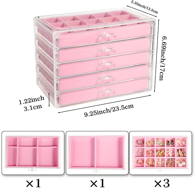 5 Drawers Clear Jewelry Box for Women and Girls, Acrylic Earring Holder Organizer Ring Holder Display Storage, Pink