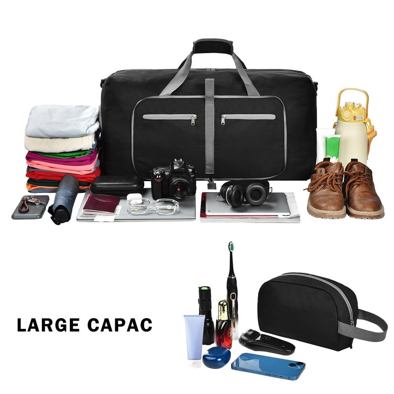 Felipe Varela 65L Duffle Bag with Shoes Compartment, Foldable Waterproof Travel Duffel Bags Duffle Overnight Weekend Travel Gym Bag for Men Women(Black)