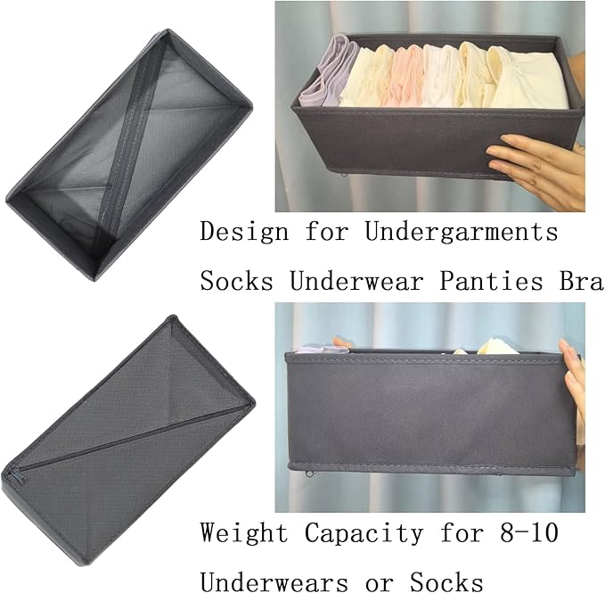 Sock Drawer Organizer 3 Pack - Collapsible Fabric Storage Bins for Underwear Divider, Small Closet Organizers with 3 Compartments, Gray
