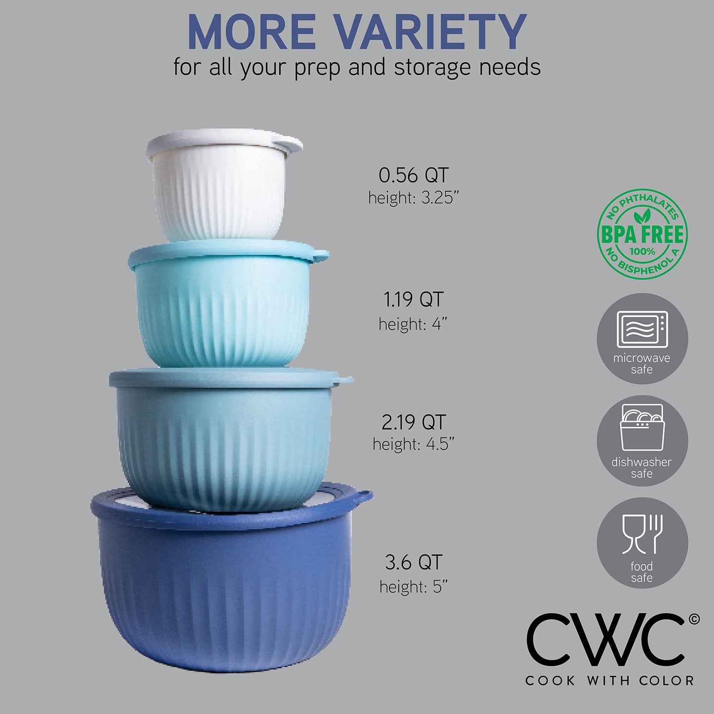 COOK WITH COLOR Prep Bowls with Lids- Wide and Deep Nesting Plastic Small Mixing Bowl Set with Lids, 8 Piece Set - Deep Bowls, Blue