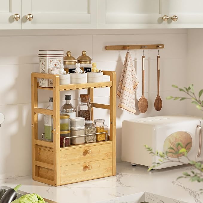 AmazerBath Bamboo Bathroom Countertop Organizer, 2-Tier Makeup Organizer with 2 Drawers, Vanity Organizer Storage Coffee Matcha Station, Compact Shelf for Bathroom Kitchen Office
