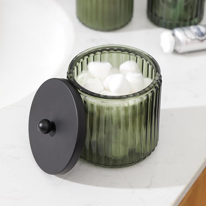 KMwares 2-Pack Glass Qtip Holder Dispenser Set for Cotton Ball, Swab, Round Pads, Floss Picks - Bathroom Canister Storage Organization and Vanity Makeup Organizer(Olive Green)