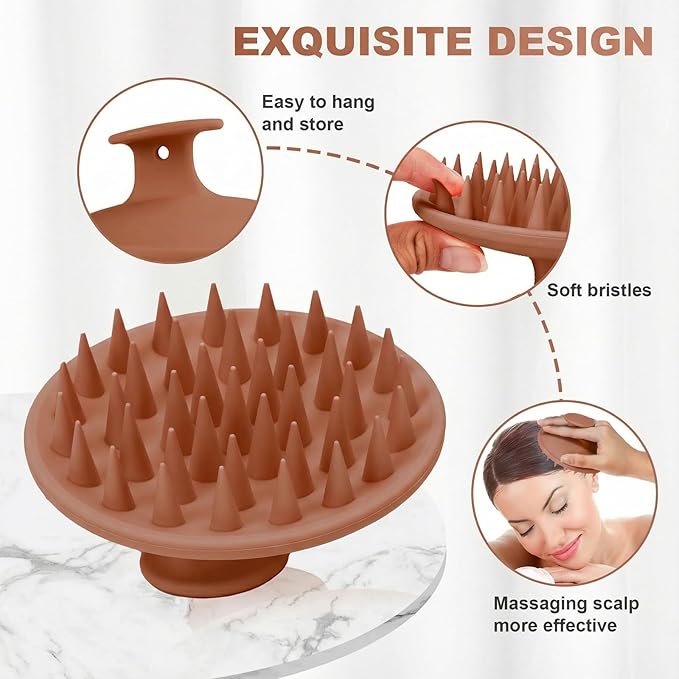 Silicone Scalp Massager Shampoo Brush, Scalp Brush for Hair Growth & Dandruff Removal, Hair Scrubber Scalp Stimulator Exfoliator Brush with Soft Bristles for Wet Dry Scalp Care (Brown)