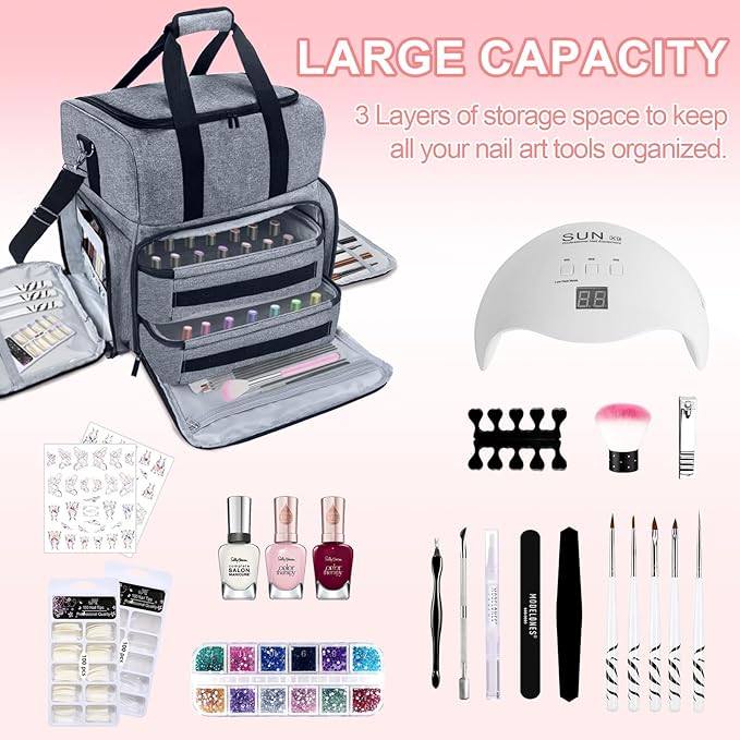 Nail Polish Organizer 3 Layers Holds 70 Bottles (15ml - 0.5 fl.oz) Portable Gel Nail Kit Organizer Case for Nail Lamp Travel Nail Supplies Bag with 2 Removable Nail Polish Holder Pouches (Gray)