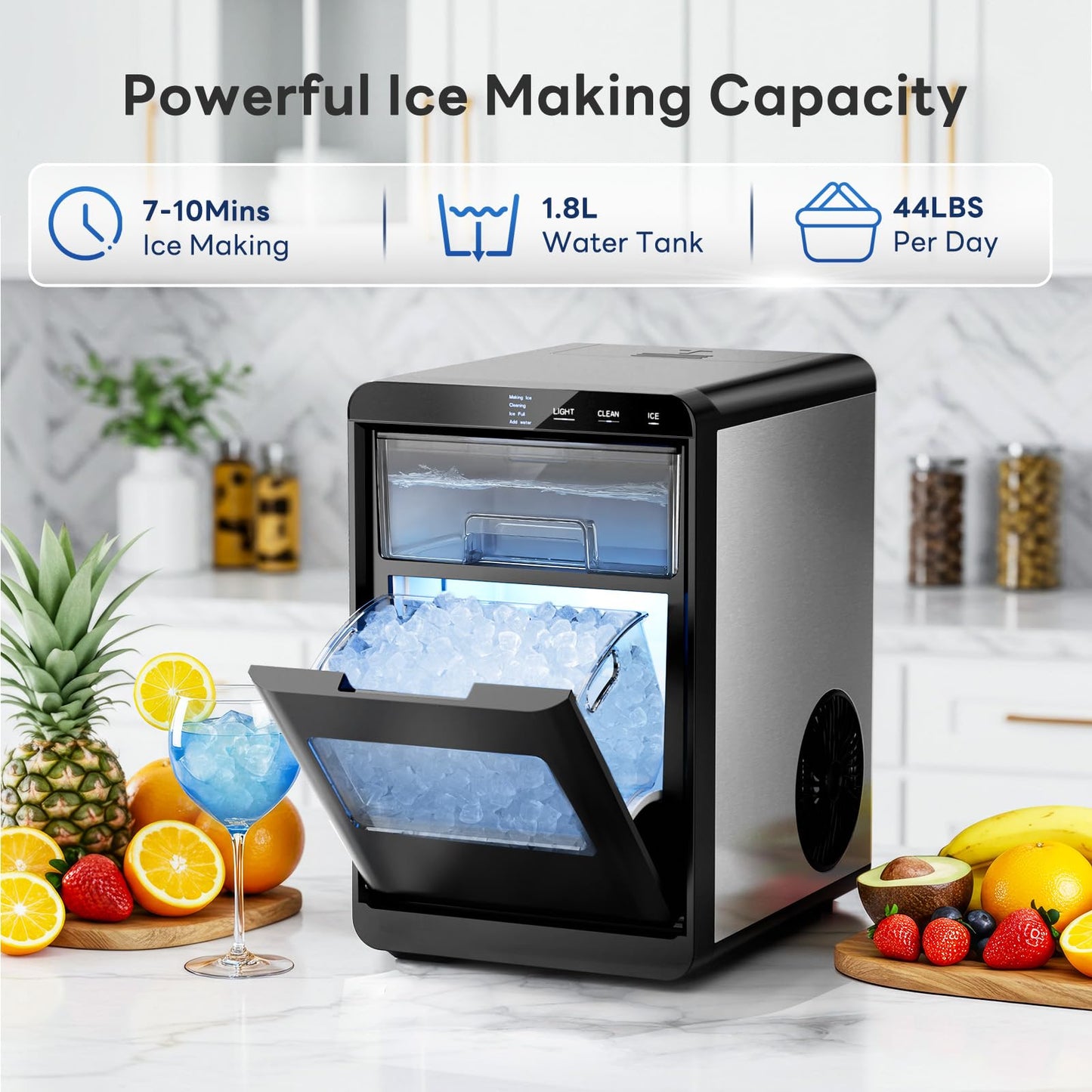 Countertop Nugget Ice Maker, Produces 44lbs Daily, Rapid 15-Min Sonic Ice Machine with Self-Cleaning, 1.8L Water Tank, Quiet Pebble Crushed Ice Maker for Kitchen, Office & RV