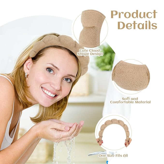 Women Spa Headband, Brown Terry Cloth - Headband for Washing Face, Makeup Removal, Skincare, Yoga, Sports, Hair Accessories, Unisex-Adults