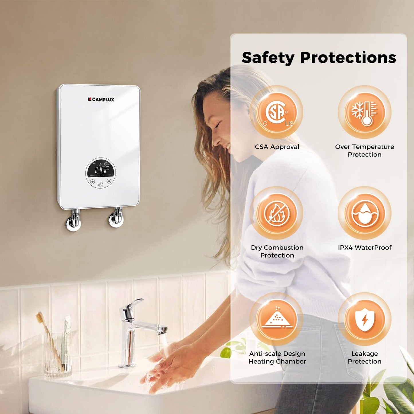 CAMPLUX Tankless Water Heater Electric 120V, 4500W Point of Use Instant Hot Water Heater, Save Space for Sink Wall Mounted LED Digital Display CSA Certified