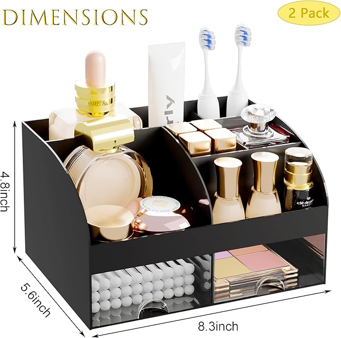 Makeup Organizer with 2 Drawers, Cosmetic Storage for Dresser Vanity and Bathroom Countertop,Make up organization and Skincare Storage with Beauty Brush Holder, Cosmetic Display Case 2Pcs Black