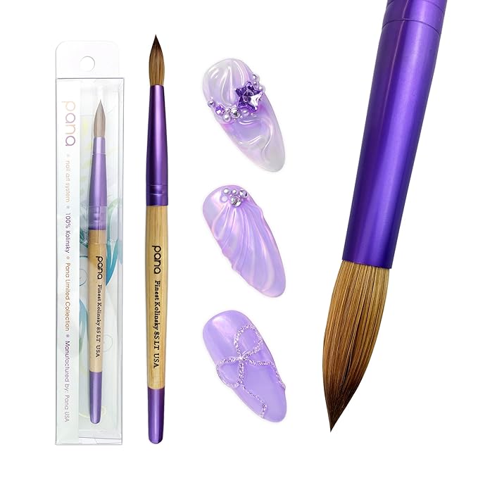 PANA Pure Kolinsky Hair Acrylic Nail Brush - Round Shape Purple Ferrule with Beige Wood Handle (Size 8)