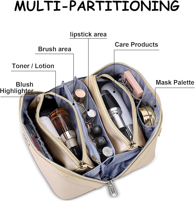 BOYATU Travel Makeup Bag Organizer Cosmetic Bag: 3 Pcs Set Make up Bags for Women with Handle - Waterproof Vegan Leather Toiletry Bags Travel Essentials Pouch with Compartments (C-07-Gold)