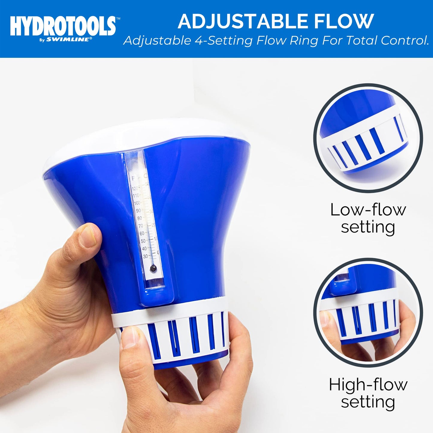 HYDROTOOLS BY SWIMLINE 87400 Large Capacity Pool & Spa Chemical Dispenser Thermometer Combo | Compatible Bromine & Chlorine Supports 1-3’’ Tablets | Adjustable Customizable Flow Rate | Cost Effective