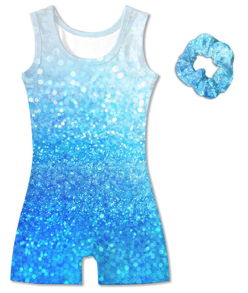 Vogseek Sparkly Gymnastics Leotards for Girls 6 7 Years Cute White Blue Shiny Dots Ballet Dance Unitards Biketards with Hair Scrunchie Kids Tumbling Shorts Activewear Clothes, Blue