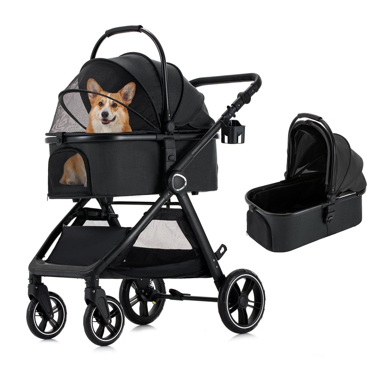 KAVELLIN Pet Stroller for Small/Medium Dogs, Foldable Dog Stroller with Detachable Carrier,3 in 1 Pet Stroller for Dogs Cats up to 50 lbs, Cup Holders,Easy Assembly, Black