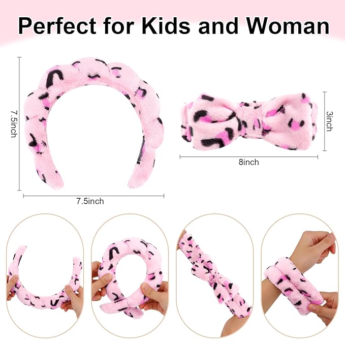 CAVETEE 6 Pack Spa Headband for Washing Face, Makeup Headband for Washing Face, Cute Puffy Bubble Headband Bow Tie Spa Headband with Washing Face Wristband Set for Women Girl