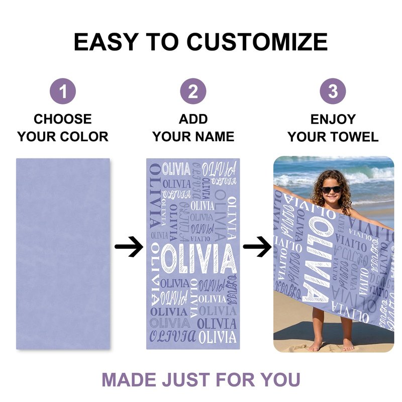 Jecivila Personalized Beach Towel with Name, Custom Microfiber Beach Towels for Kids & Adults, Sand Free Quick Dry Oversized Bath Towel for Pool Swim Travel Camping Summer Vacation Birthday Gift