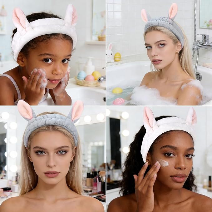 YISSION Cute Bunny Ear Spa Headband for Women and Girls - Soft Plush Makeup Headband for Face Washing, Skincare, Shower, Easter Party Favors (2 Pack, White & Gray)