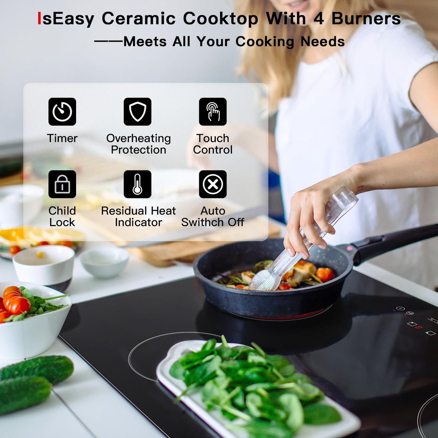Electric Cooktop Ceramic Stove 4 Burners 30 inch Built-in Countertop Burners Cooker Satin Glass in Black Touch Sensor Control,Timer,Child Safety Lock,9 Power Levels,220-240V 7200W