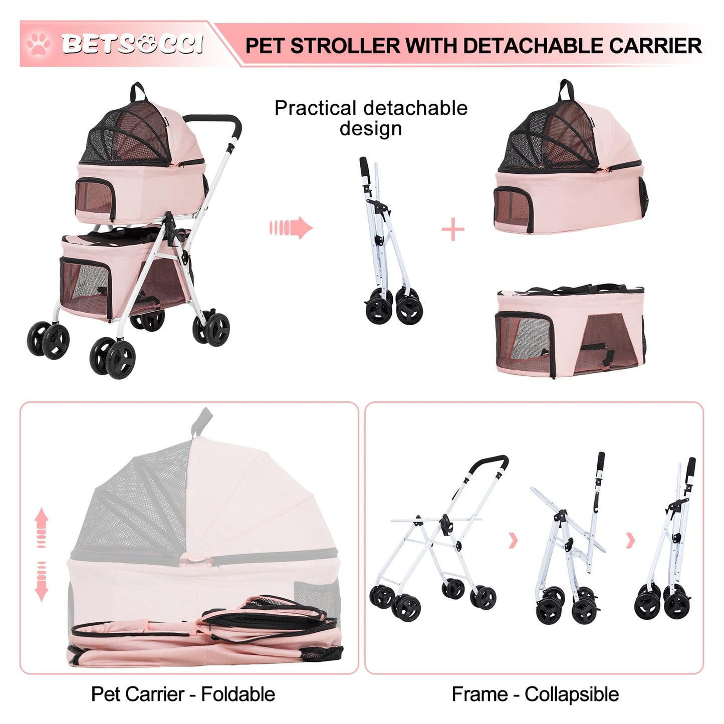 BETSOCCI Double Dog Stroller with 2 Detachable Carrier, Portable Pet Stroller for Small Dogs & Cats Folding Lightweight Puppy Travel Carriage, 4 Wheels, Pink