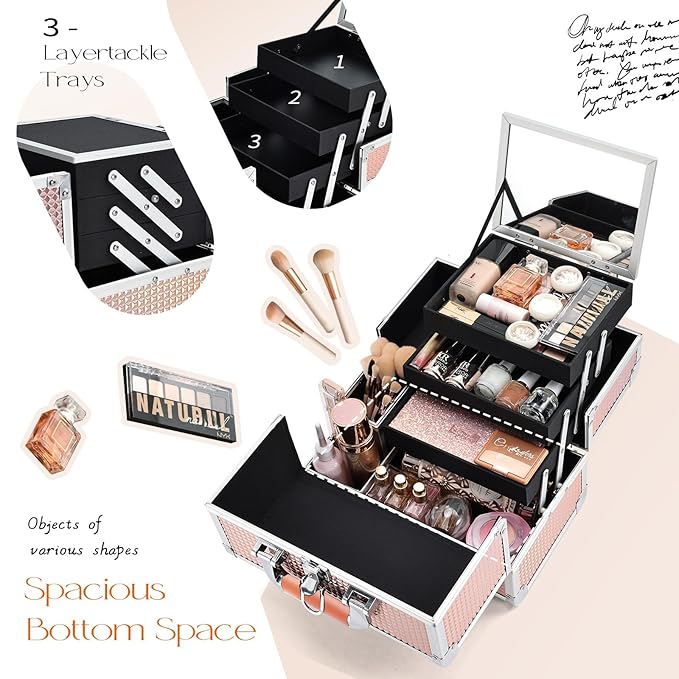 Joligrace Dazzle Gold Makeup Train Case, 3-Tier Makeup Box Organizer and Portable Makeup Organizer Box, Hard Makeup Case with Mirror and Lock, Professional Makeup Case for Women
