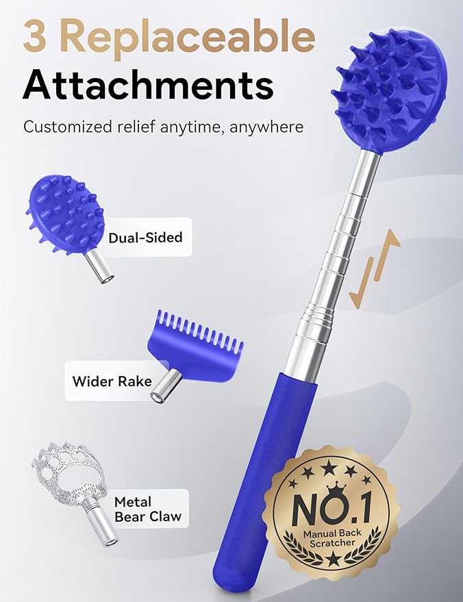TUKUOS Telescoping Back Scratcher with 5 Detachable Scratching Heads, Valentines Day Gifts for Him Men, Anniversary Birthday Gifts for Men Women Back Scratcher for Men/Dad/Women/Adults - Blue