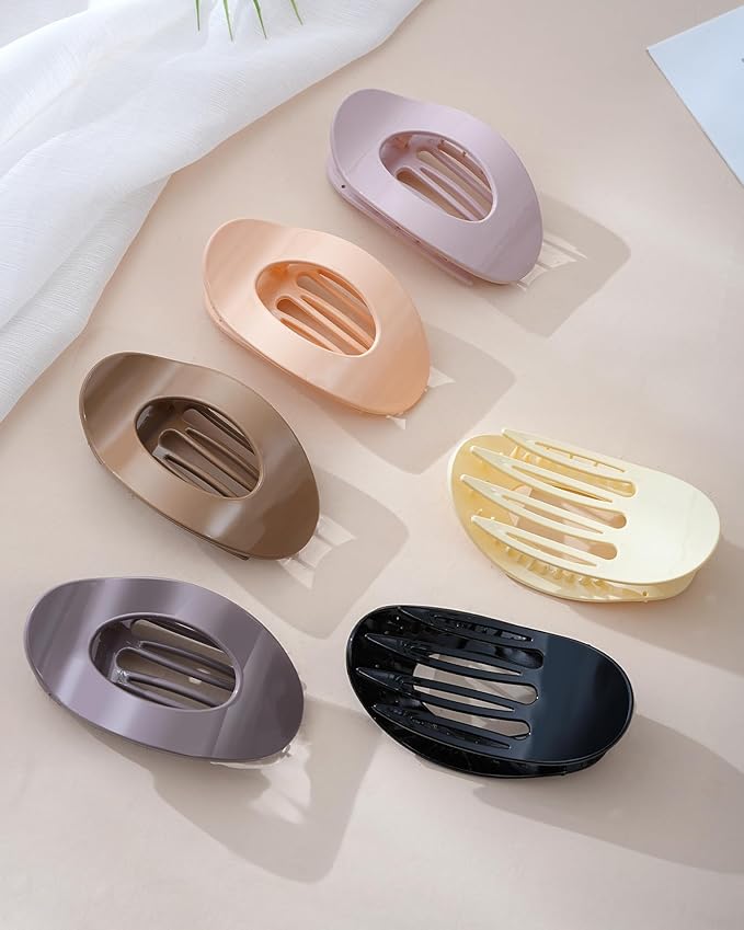Mesovor 6 Pack Flat Hair Claw Clips, 4.33" Nonslip Large Round Lay Flat Hair Clips | Strong Hold French Flat Hairclips for Lying Down, Yoga, Driving (Neutral Polished)
