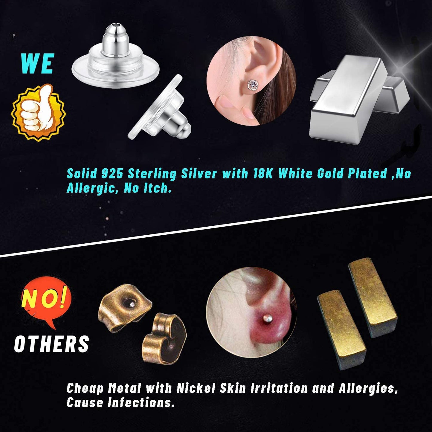 Catinee 3 Pairs Earring Backs - 925 Sterling Silver Replacements, Adjustable Hypoallergenic Locking Earring Backs Fit 0.028-0.039inch Post (Silver & Gold)