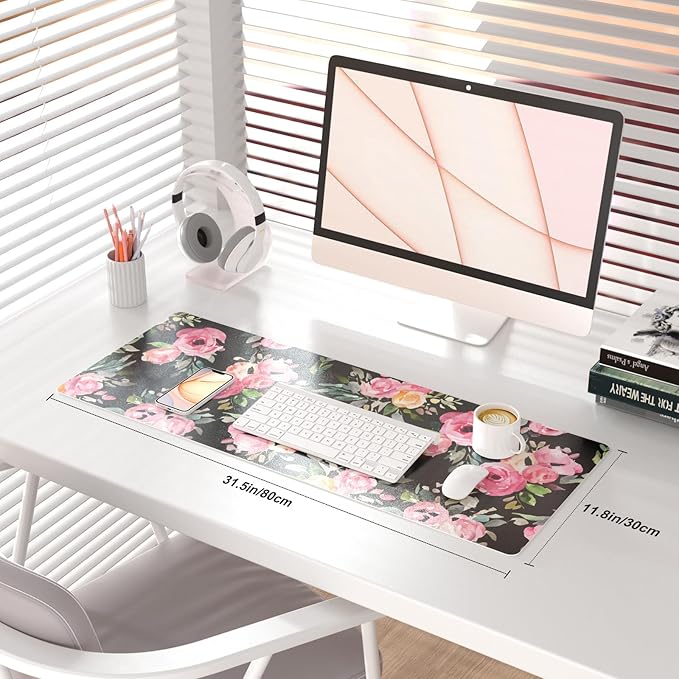 QIYI Large Mouse Pad, Floral Desk Mat for Desktop, Women Girls Watercolor Pink Flowers Office D??cor Desk Accessories, PU Leather Waterproof Gaming Mousepad, Black Desk Pad Computer Mat, 31.5" x 11.8"