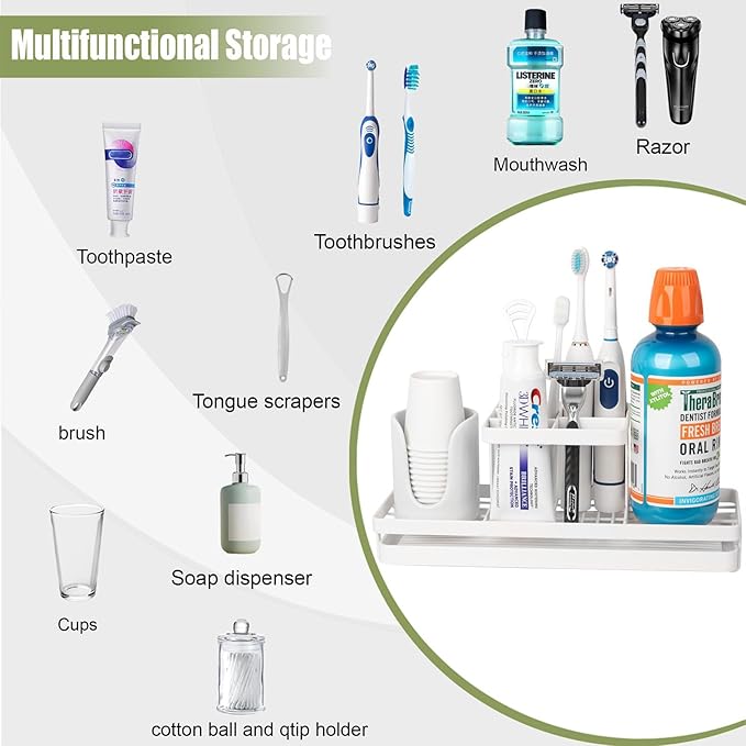 Toothbrush Holders for Bathrooms, Carbon Steel Tooth Brushing Holder Electric Toothbrush and Toothpaste Organizer Bathroom Accessories for Countertop, Shower, Sink, 5 Slots, White