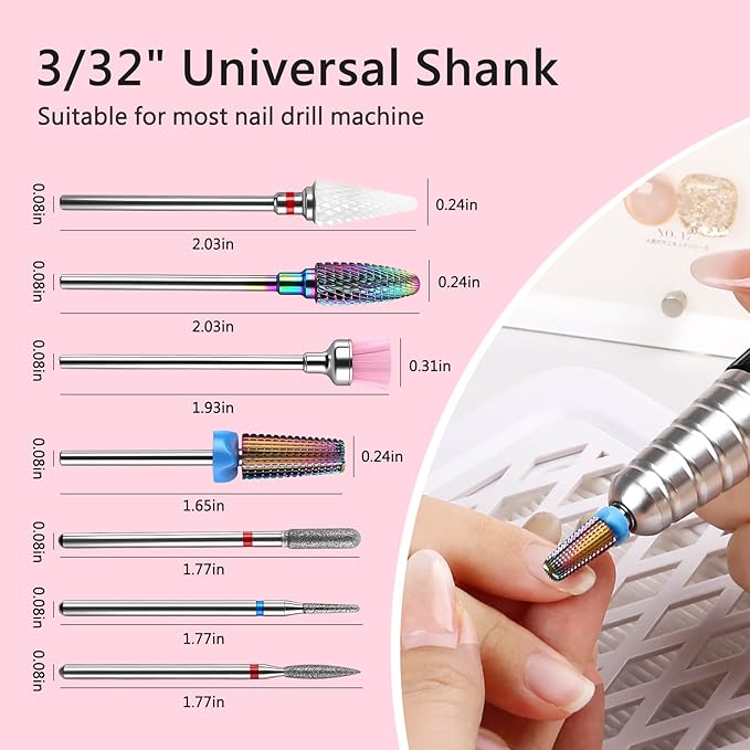 BQAN Nail Drill Bits Set, 7pcs Tungsten Carbide Diamond Drill Bits for Nail Tech, Remove Acrylic Gel Polish Cuticle, Manicure Pedicure Tools