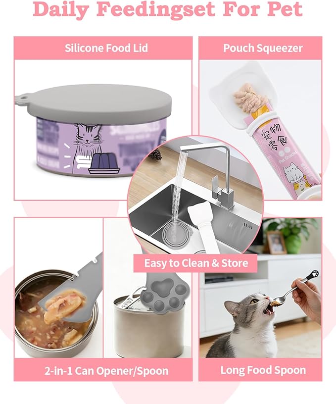 6 PCS Cat Food Can Covers Lids Set, Multi-Function Cat Food Spoon & Silicone Storage Lids with Opener, Cat Bar Squeezer, Stainless Steel Wet Food Spoon for Feeding, Storage and Cats & Dogs (Grey)