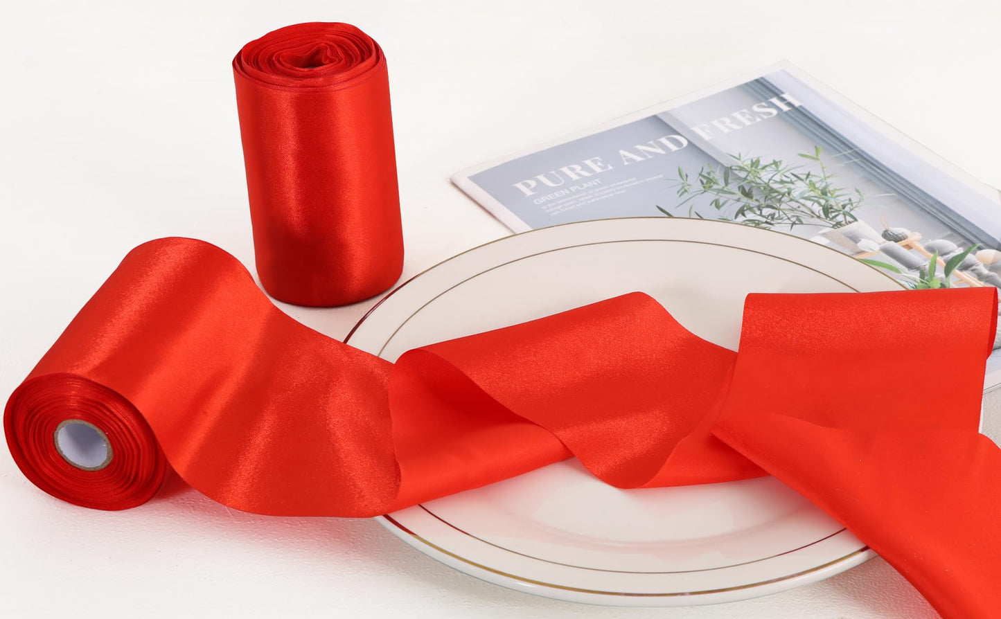 TONIFUL 6 inch x 22yd Wide Red Satin Ribbon Solid Fabric Large Ribbon for Grand Opening Cutting Ceremony Wedding Birthday Party Decoration Gift Craft Chair Sash Table Car Bows Indoor or Outdoor