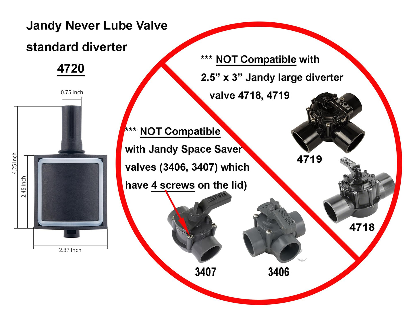 ATIE Pool Valve Diverter Kit 4720 Replacement for Jandy 2 Port or 3 Port Never Lube Pool Diverter Valve Standard Diverter 4720 (2 Pack)