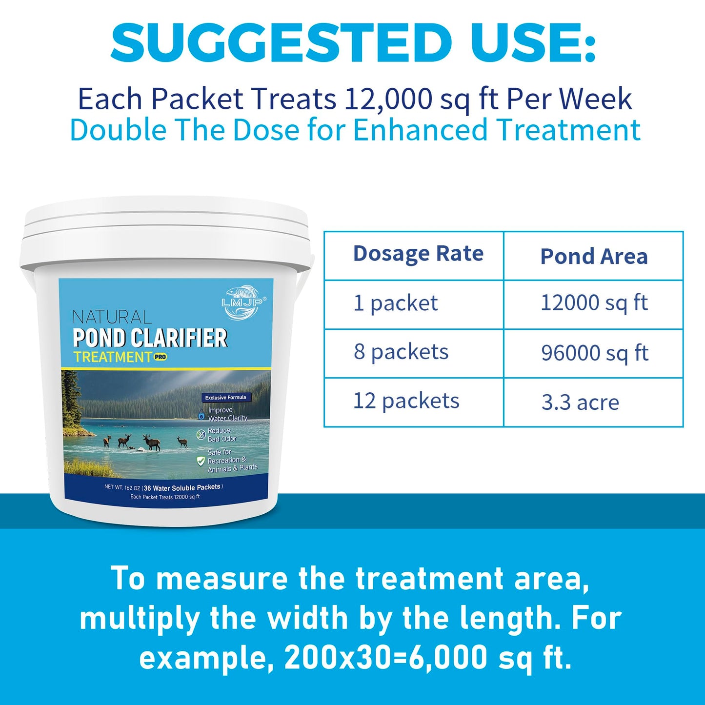 LMJP Pond Clarifier Treatment – 36 Packets Natural Pond Water Clear for Outdoor Lakes – Beneficial Enzymes to Improve Water Clarity & Eliminate Odor – Treats Up to 432,000 Sq Ft