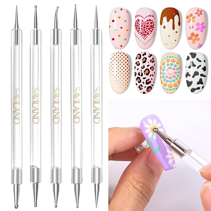 SAVILAND Quick-Paint Dotting Tools Nail Art Pen: 5PCS Multi-Size Nail Art Tools Double Ended Nail Design Kit for Dot Drawing Home Salon, Pattern Tracing Pen, Ball Embossing Pen for Transfer Paper
