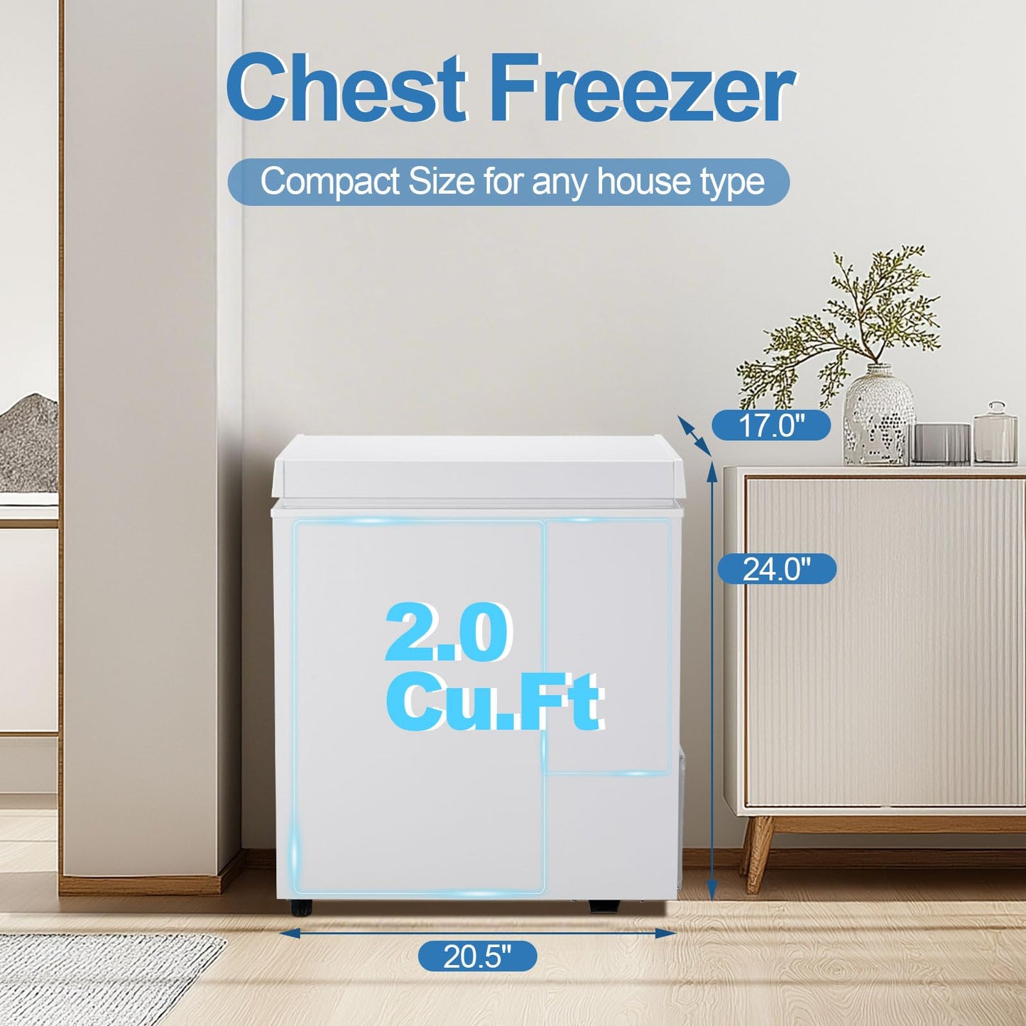 Erivess 2.0 Cu.Ft Chest Freezer - Compact Deep Freezer with Removable Basket, Energy Efficient & Quiet Top Door Design, Mini Freezer Adjustable 7 Thermostat, for Home, Apartment, Garage, Dorm (White)