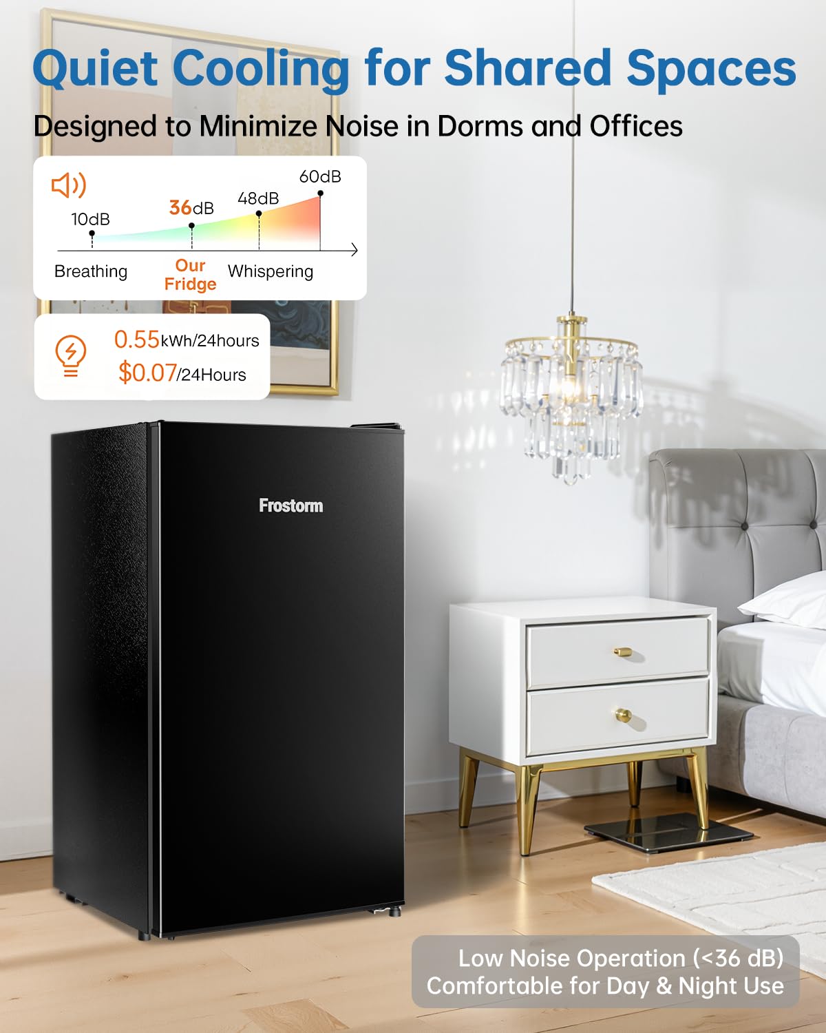 Frostorm 3.2 Cu Ft Mini Fridge with Freezer - Energy Efficient, Large Capacity Single Door Upright Freezer for Bedroom, Office & Dorm | Small Fridge, Reversible Door, ETL Certified(Black)