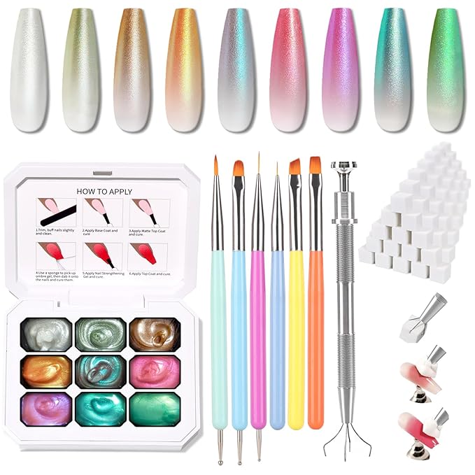 Christmas Pearl Gel Nail Polish, 9 Colors Glitter Ombre Gel Polish Palette Pat Paint Aurora Mermaid Gold Silver Green Pink Sparkle Reflective Holographic, 100Sponges 6Brushes 1Grabber (Set 12)