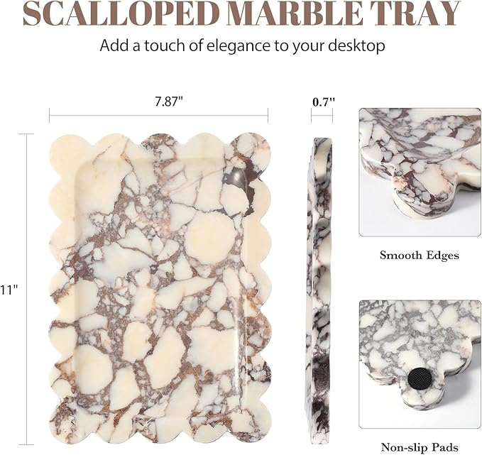 Koville Luxury Calacatta Viola Marble Tray, 11"x8" Scalloped Marble Vanity Tray for Countertop Bathroom Kitchen Dresser, Natural Stone Tray for Jewelry Perfume Home Decor, Decorative Catchall Tray