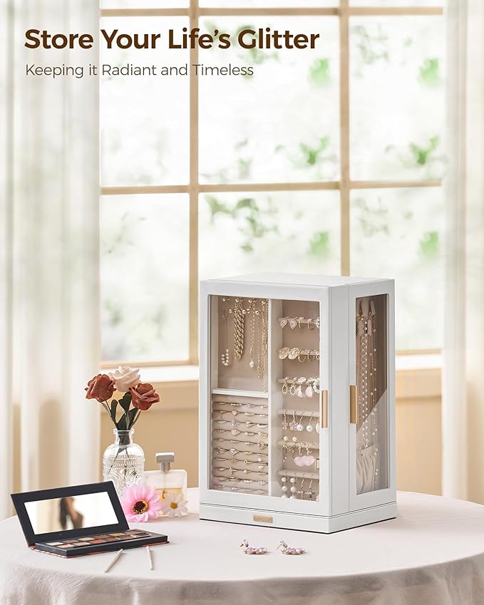 Glimmloop 360ÃÂ° Rotating Jewelry Box with 9 Drawers, Spacious Vertical Jewelry Organizer with Glass Window, Jewelry Storage Case, Dustproof & Moisture-resistant Design, White