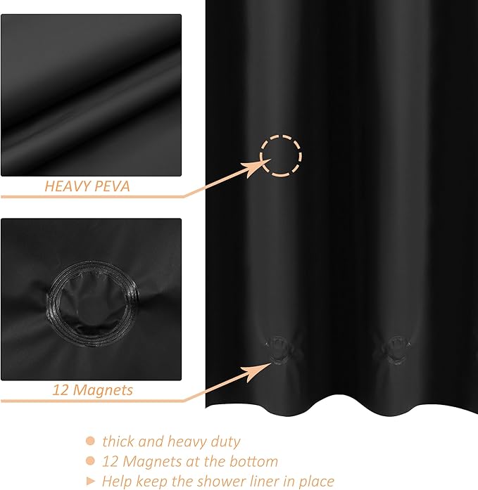 Mrs Awesome Black Clawfoot Tub Shower Curtain or Liner with 12 Magnets - Free 36 Hooks Included, Waterproof PEVA, 180" x 70", Black