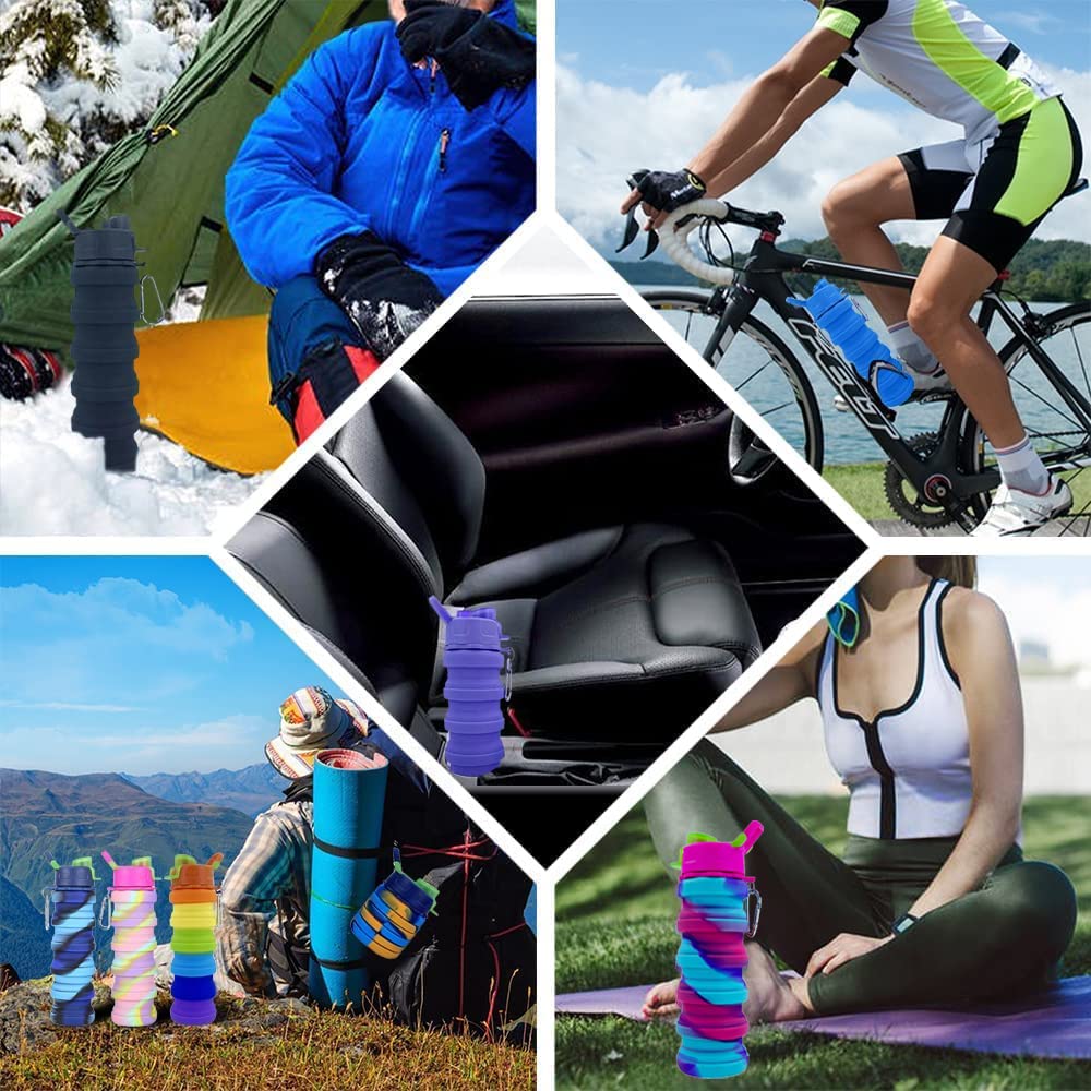 konlongzan Collapsible Water Bottles 2 Pack Silicone Water Bottle with Carabiner Expandable Water Bottle 500ml Portable Sport Water Bottle for Travel Camping.(Black+Purple)