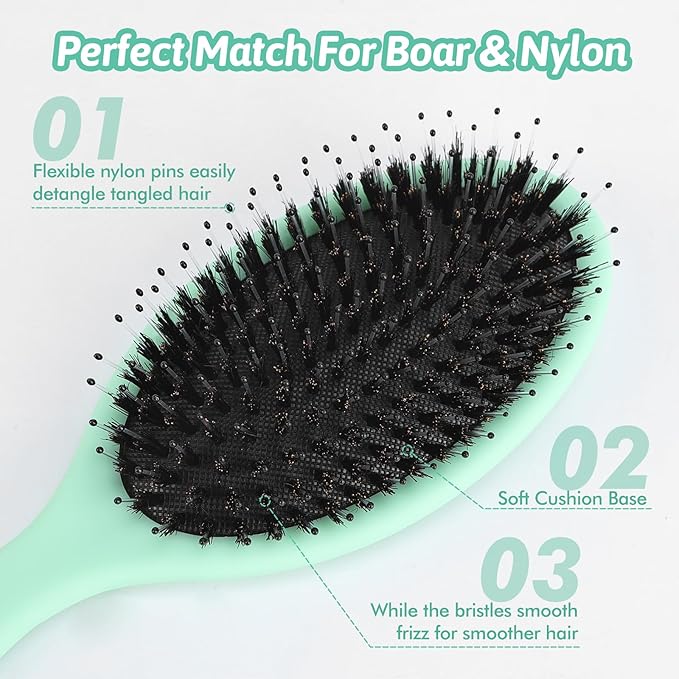 Boar Bristle Hair Brush for Women Men - Gentle Detangling Paddle Brush with Nylon & Boar Bristles, Smoothing, Massage & Shine, Reduces Frizz, for Curly, Thick, Thin, Wet or Dry Hair & Extensions