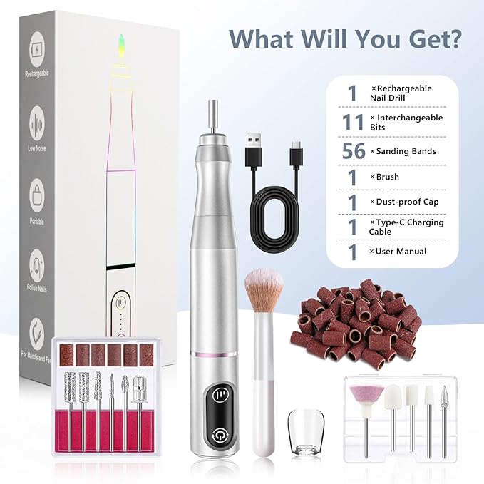 Cordless Nail Drill Electric Rechargeable File Kit, Professional Efile Acrylic Gel Nail Polish Remover Pedicure Manicure Machine Portable Set with 11 Bits 56 Sanding Bands for Salon Silver