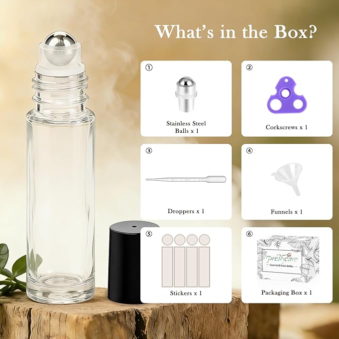 PrettyCare 4 Pack, 10 ml Essential Oil Roller Bottles with Stainless Steel Roller Ball - Refillable Leak-proof Empty Thick Clear Glass Roll on Bottles with Black Caps for Travel, Perfume