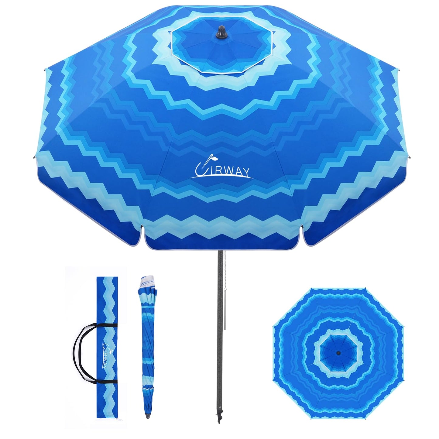 UIRWAY 7.5FT Beach Umbrella, Heavy Duty Windproof Beach Umbrellas with Sand Anchor & Tilt, Sun Protection Portable Beach Umbrella with Carrying Bag for Beach, Patio Garden Pool Outdoor