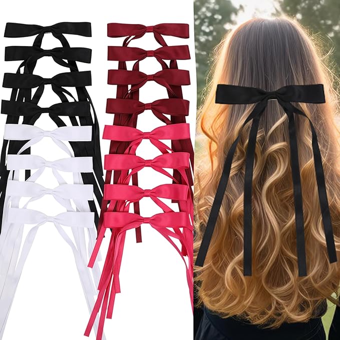 Hair Bows Clips Coquette Ribbon Bowknot with Long Tail Princess Hair Bows French Barrettes Hair Accessories for Women Girls 16PCS (Wine Red, Rose red, White, Black)